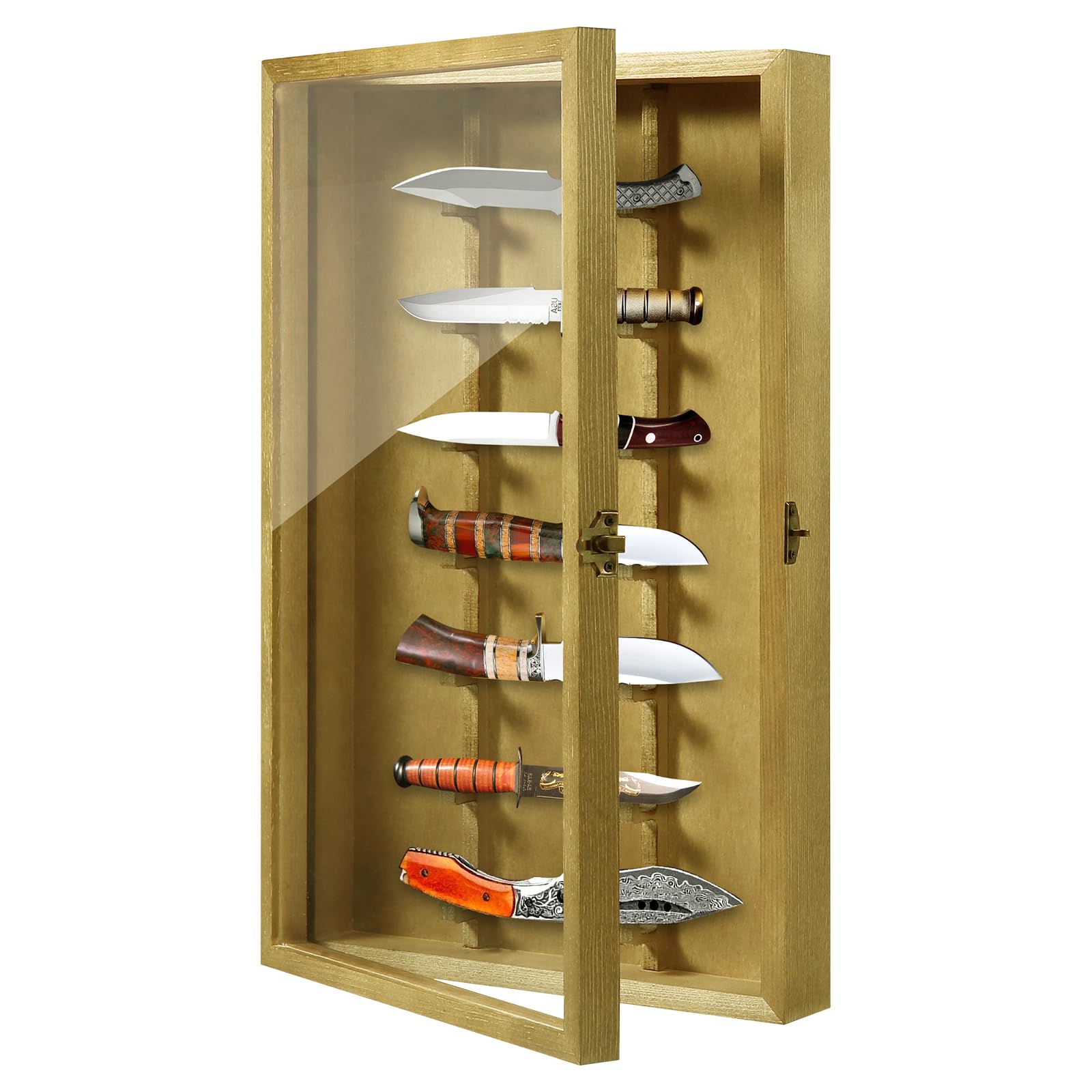 Triceratops Knife Display Case with Lockable Clear Acrylic Door, Wall Mount Wooden Knife Display Stand, Pocket Knife Display Cases for Storage, Collection, Holds up to 7 Knifes(Yellow)