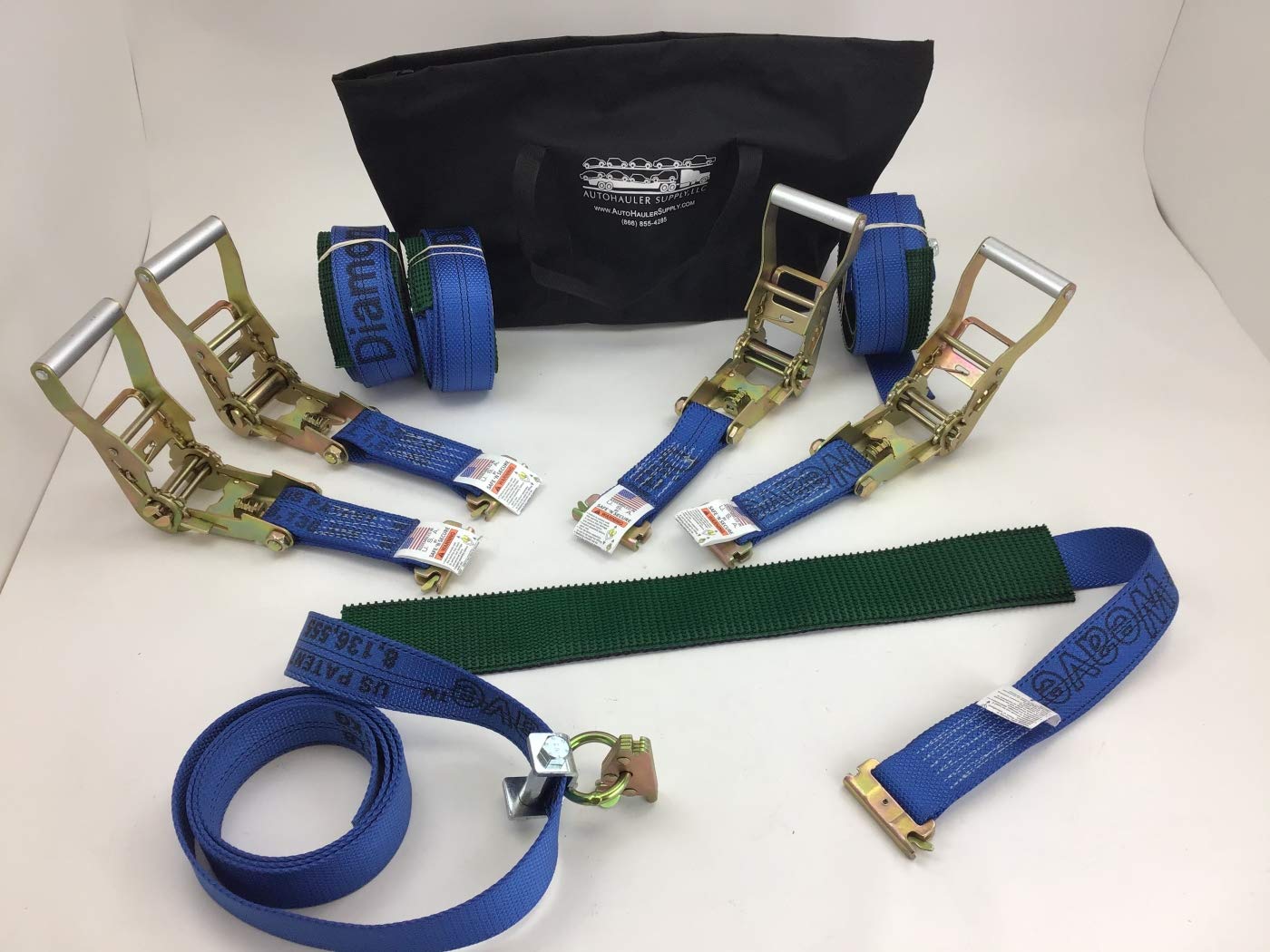 AutoHauler Supply - 4 Pack Ultimate Horizontal E-Track Wheel Strap in RED Diamond Weave with Bag (Blue)