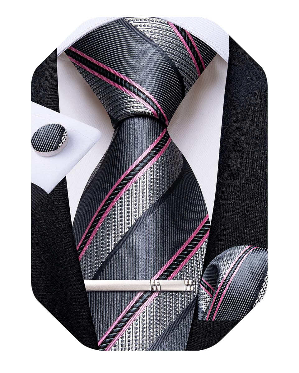 DiBanGu Mens Striped Tie Silk Woven Necktie and Pocket Square Cufflinks Tie Clip Set Wedding Business Formal Gift Tie for Men