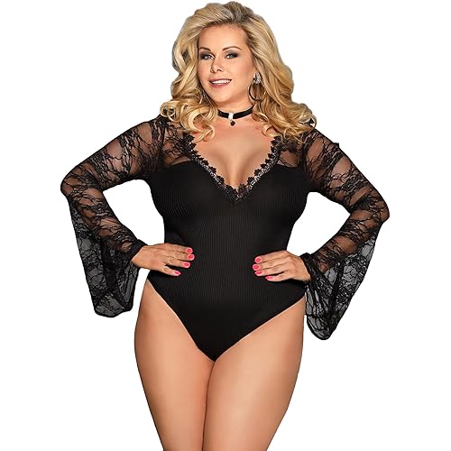 ohyeahlady Women Sheer Mesh Lace Bodysuit Long Sleeve Leotard Lingerie Jumpsuit Bodysuits Clubwear Tops