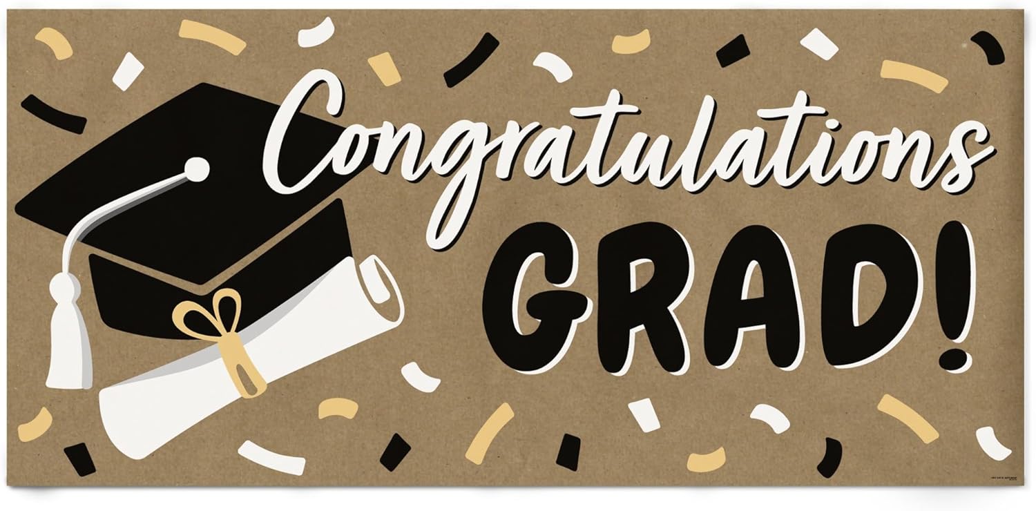 Big Dot of Happiness Black & White Graduation Kraft Paper Banner, Congratulations Grad Printed Brown Paper Party Sign Decoration – 1 Count (Goodbye High School)