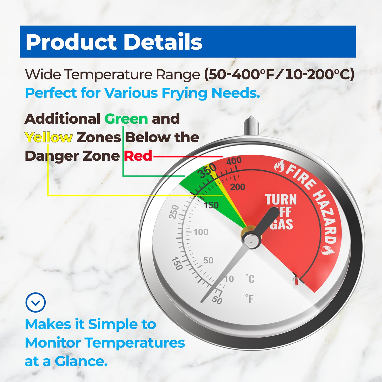 5070 - Termómetro para freidora de 10.0-204.4 °C, rango de temperatura compatible con freidoras Bayou Classic de 2.5 galones de 4 galones y 9 galones independientes o de mesa
