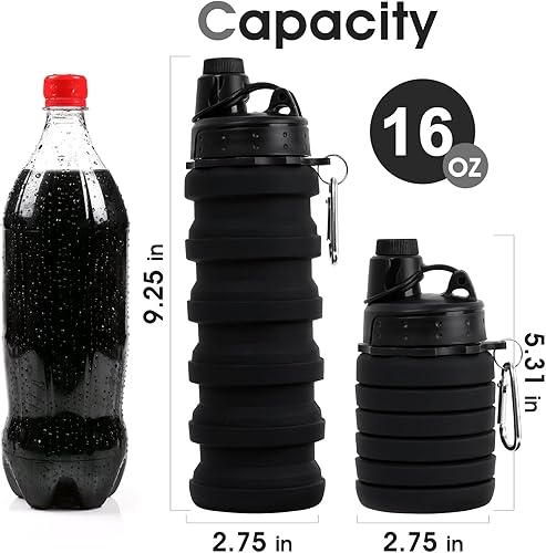 Miniatura 2 de Botella de agua plegable para adultos, niños, estudiantes, niños, botellas de agua plegables de silicona reutilizables para viajes, camping, Negro