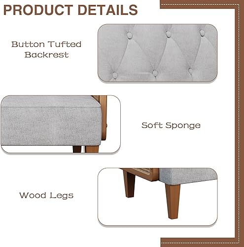 Miniatura 6 de annjoe Sofá de dos plazas tapizado con botones y reposabrazos de ratán natural, respaldo con hebilla, sofá banquete para comedor, sala de estar,