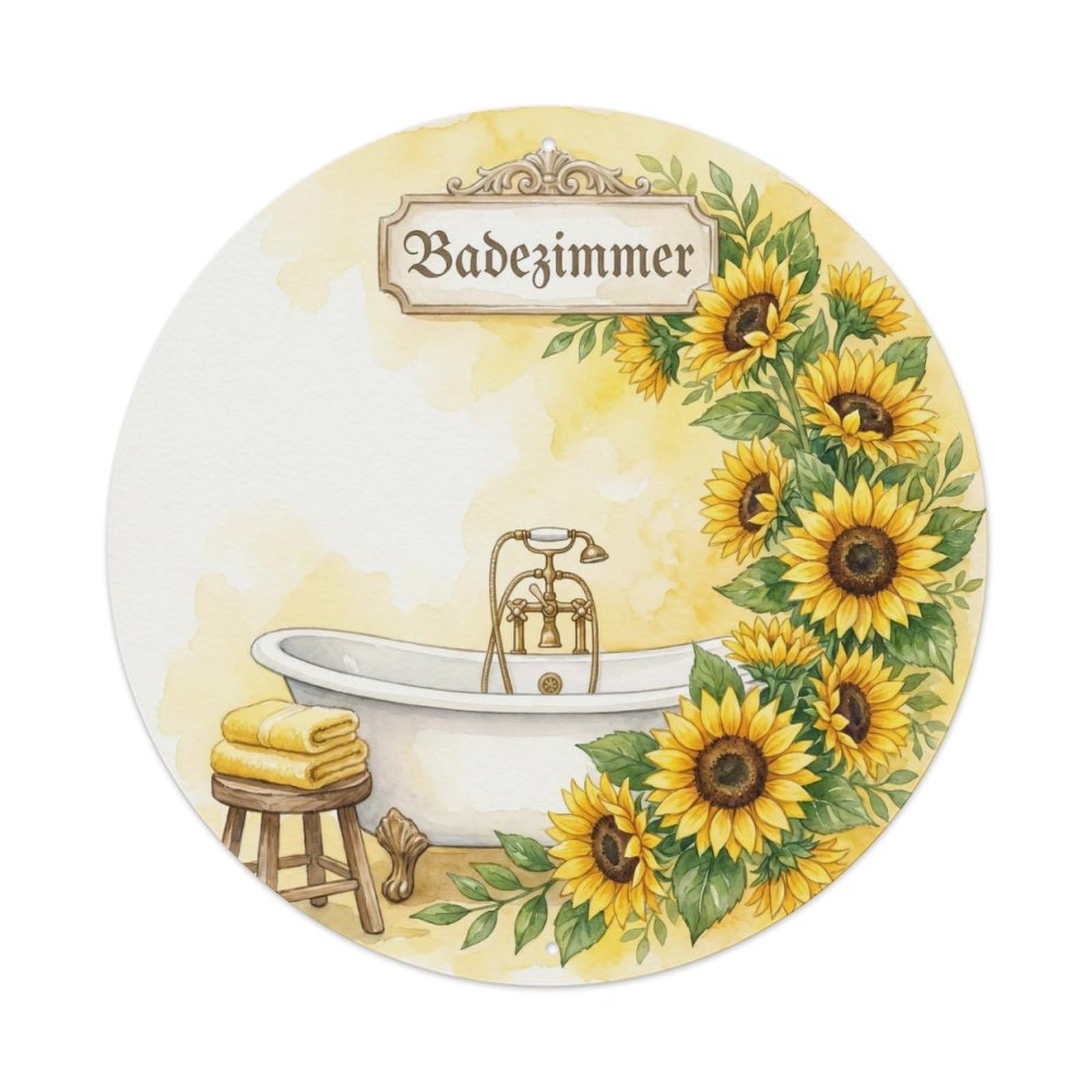 Badezimmer Sunflower Shabby Spa Bathroom Vintage Metal Tin Sign Plaque Wall Decor for Cafe, Club, Garden Round Metal Poster 8x8Inch