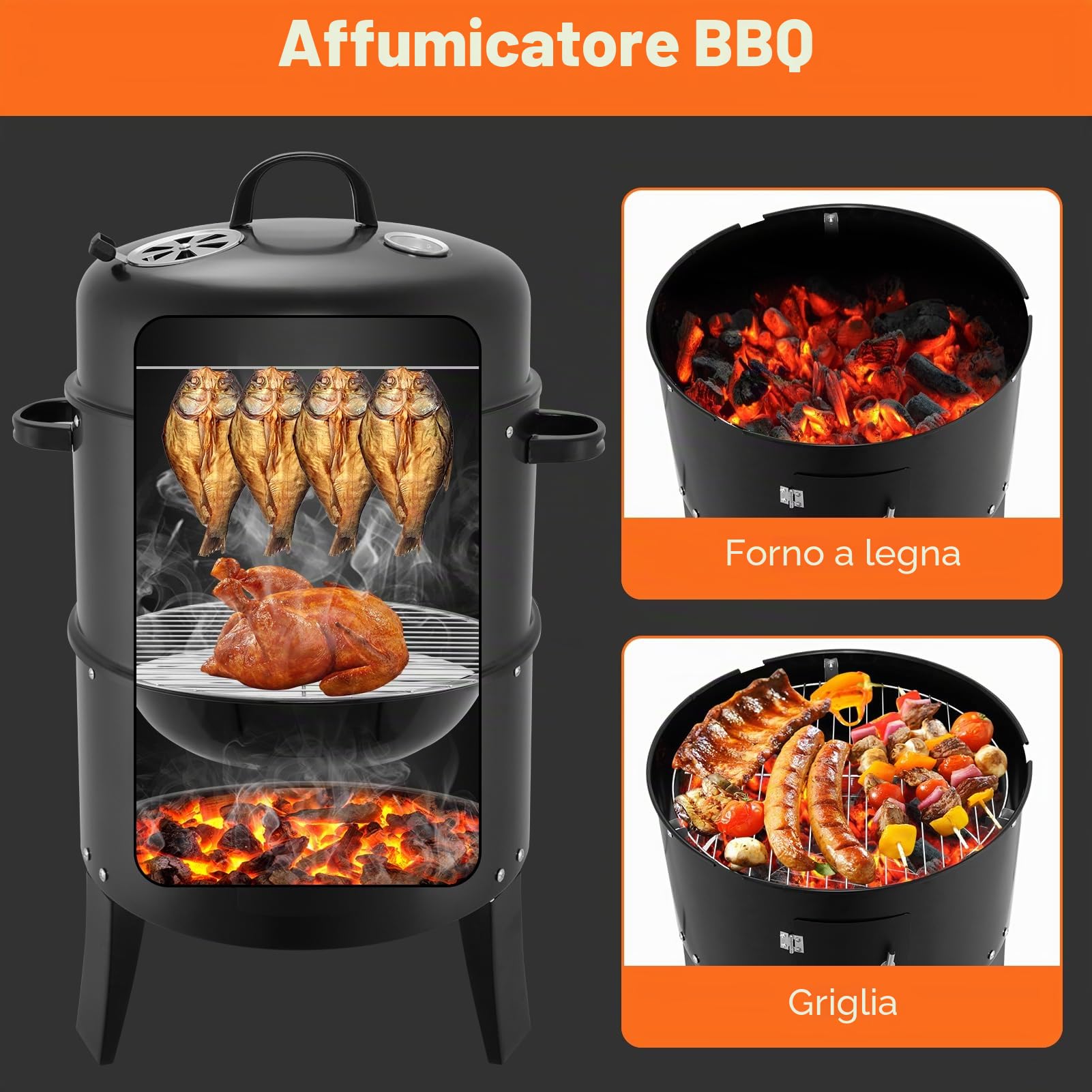 Affumicatore per barbecue, Ø 41 cm, grande griglia outdoor con termometro e 6 fessure di aspirazione, griglia a carbone per campeggio, picnic, giardino e cucina all'aperto