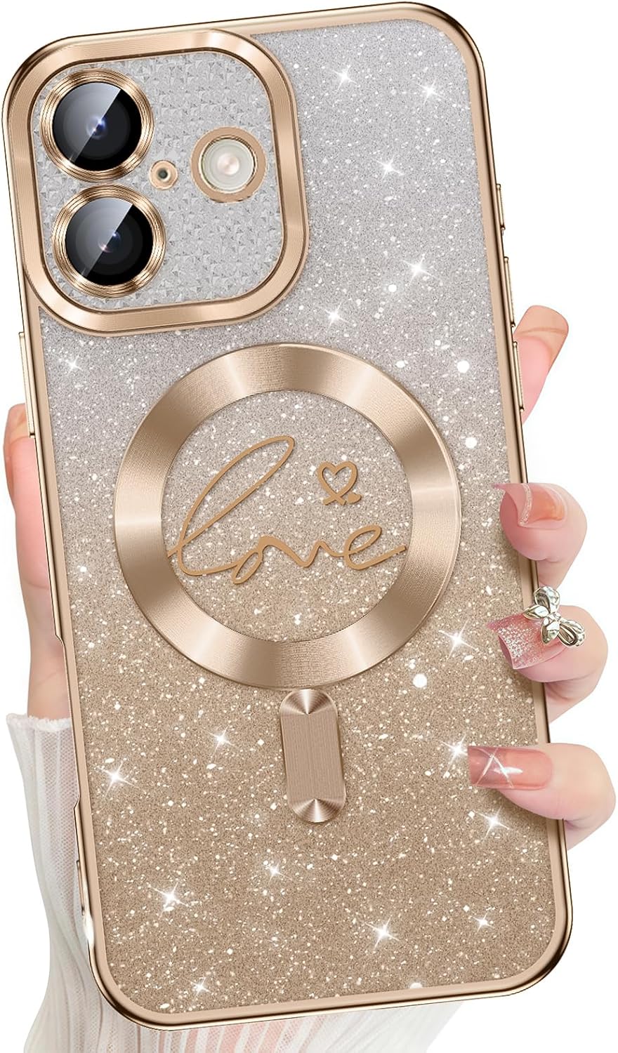 Misscase Magnetic Glitter Case for iPhone 17,Gradient Love Hearts Plating Phone Case Compatible with MagSafe,Built-in Camera Lens Protector,Cute Full Cover Protection Case for Women-Gold