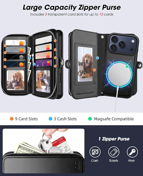 OCASE for iPhone 17 Pro Max Magnetic Detachable 2 in 1 Case Wallet, RFID Blocking Card Holder for Women and Men Fashion PU Leather Flip Zipper Phone Case with Shoulder Wrist Strap-Detachable Black by OCASE - Image 3