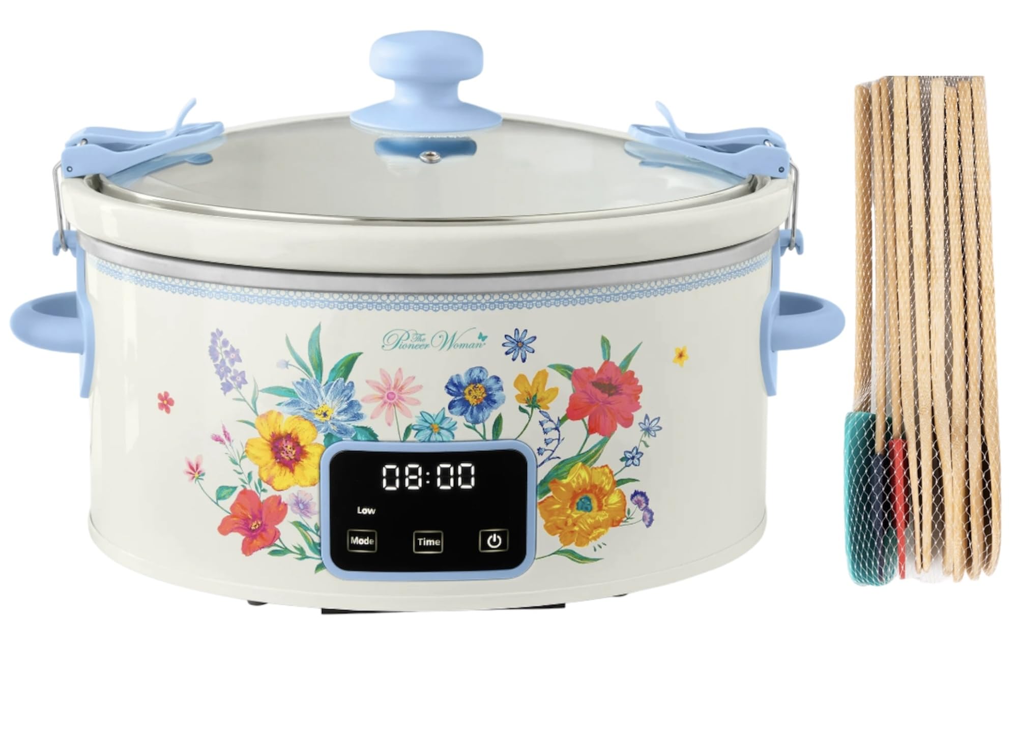 Pioneer Woman 6 Qt Digital Brilliant Blooms Slow Cooker with Locking Lid, With 9 Pieces Utensil Natural Bamboo Bundle