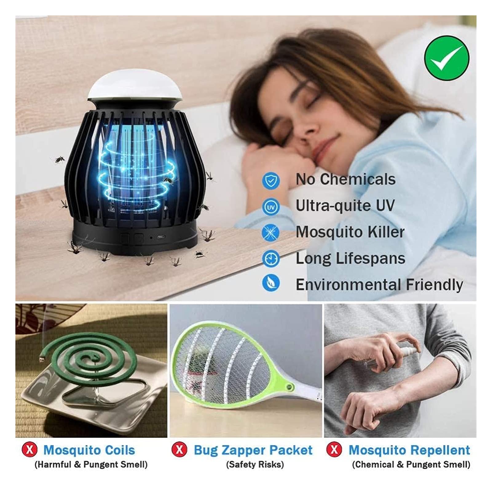 Lámpara antimosquitos Electricidad Trampa UV 3 Modos de iluminación Bug Zapper USB Recargable Mosquito Zapper para Interior Hogar Dormitorio Repelente de Insectos