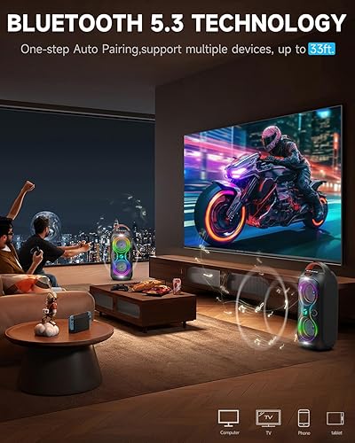 Miniatura 6 de Altavoz Bluetooth portátil TWS inalámbrico, luces impulsadas por ritmo, altavoz estéreo de fiesta de 120 dB con Bluetooth 5.3, USBTFAUXFMMic, asa de