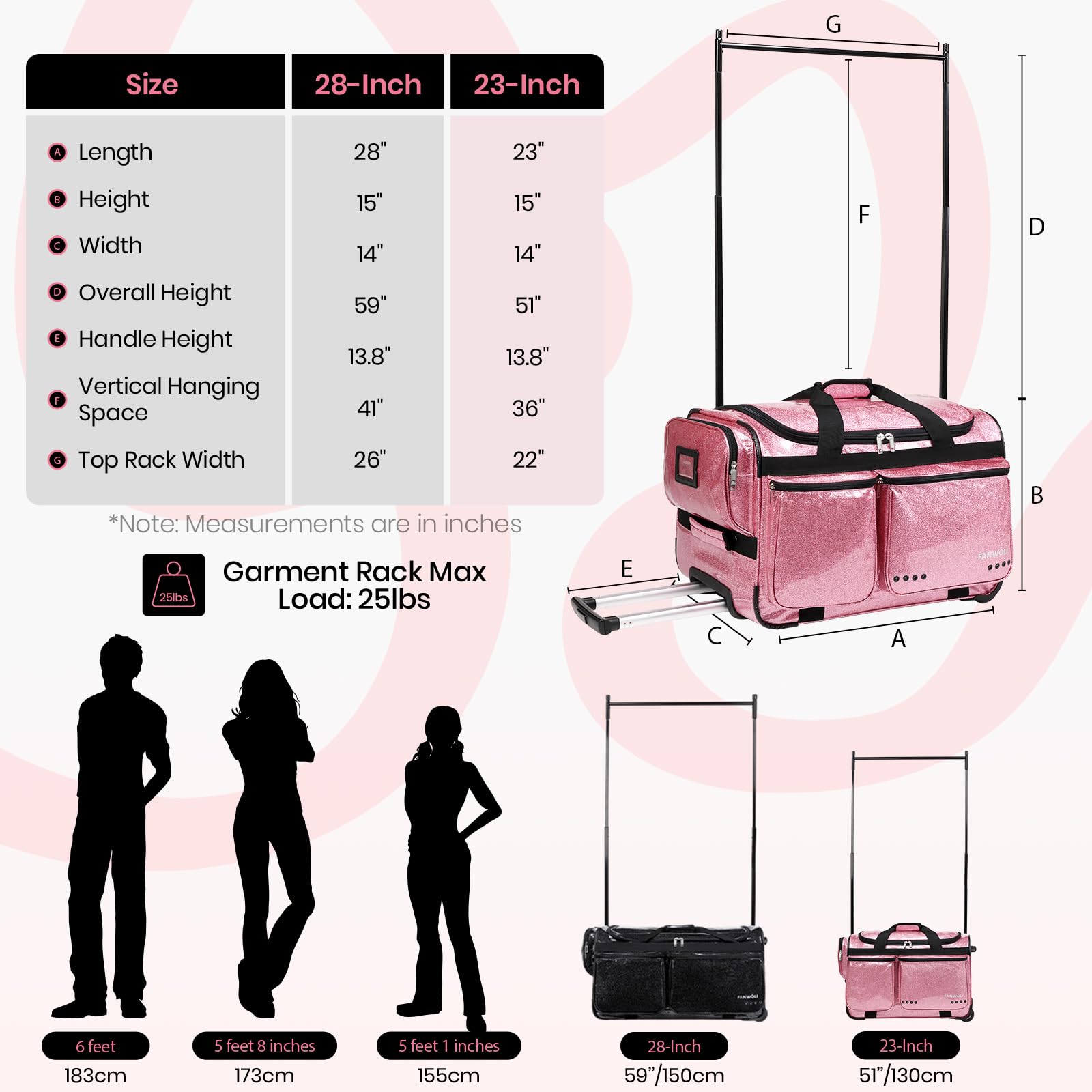 Fanwoli Tanztasche mit Kleiderständer, 58,4 cm, glitzernder, wasserdichter Stoff und verbessertes stabiles System, Shine-Bright Kollektion, ideale Wettkampftasche für Tänzer, Athleten, Cheerleader