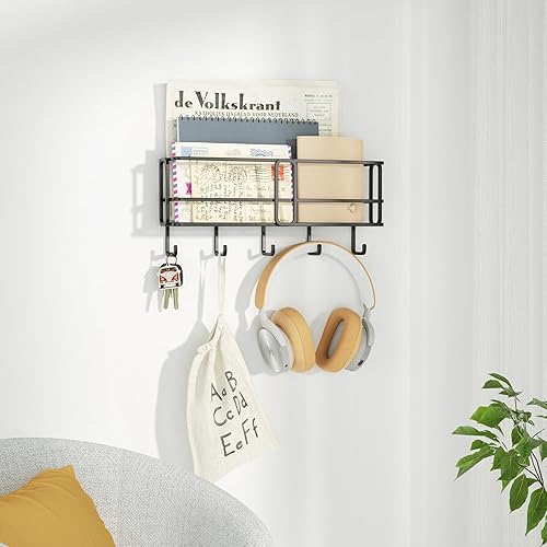 Miniatura 2 de SRIWATANA Soporte para llaves de pared, organizador de correo con cesta de almacenamiento de metal, soporte para llaves con 5 ganchos para entrada,