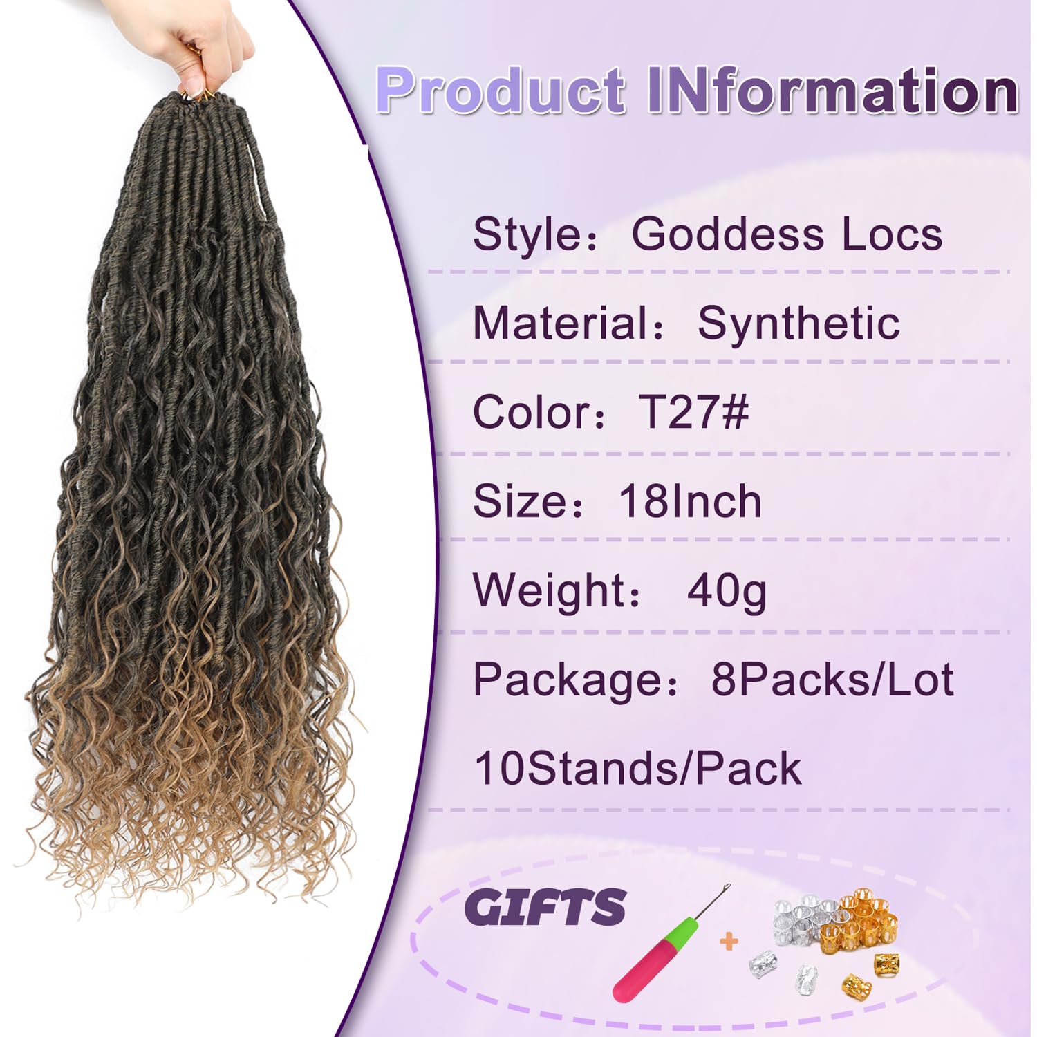 FANWYFYU 8 Packs Boho Faux Locs Crochet Hair 18 inch Goddess Locs Boho Soft Locs Crochet Hair with Curly Ends Pre-looped Long Bohemian River Locs Crochet Hair For Women (T27) - Image 2