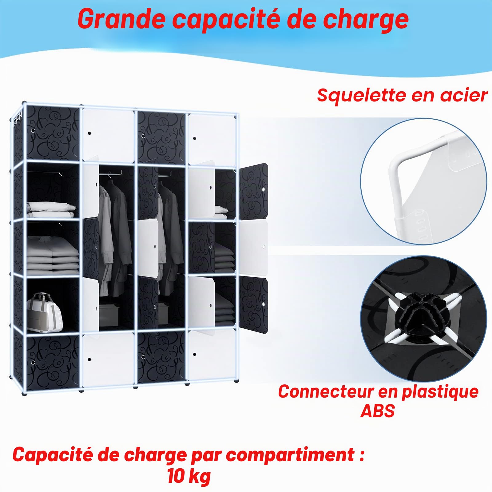 YRHome Système d'étagères DIY - Armoire avec porte - Système d'étagères enfichables - Noir et blanc (20 boîtes avec armoire)