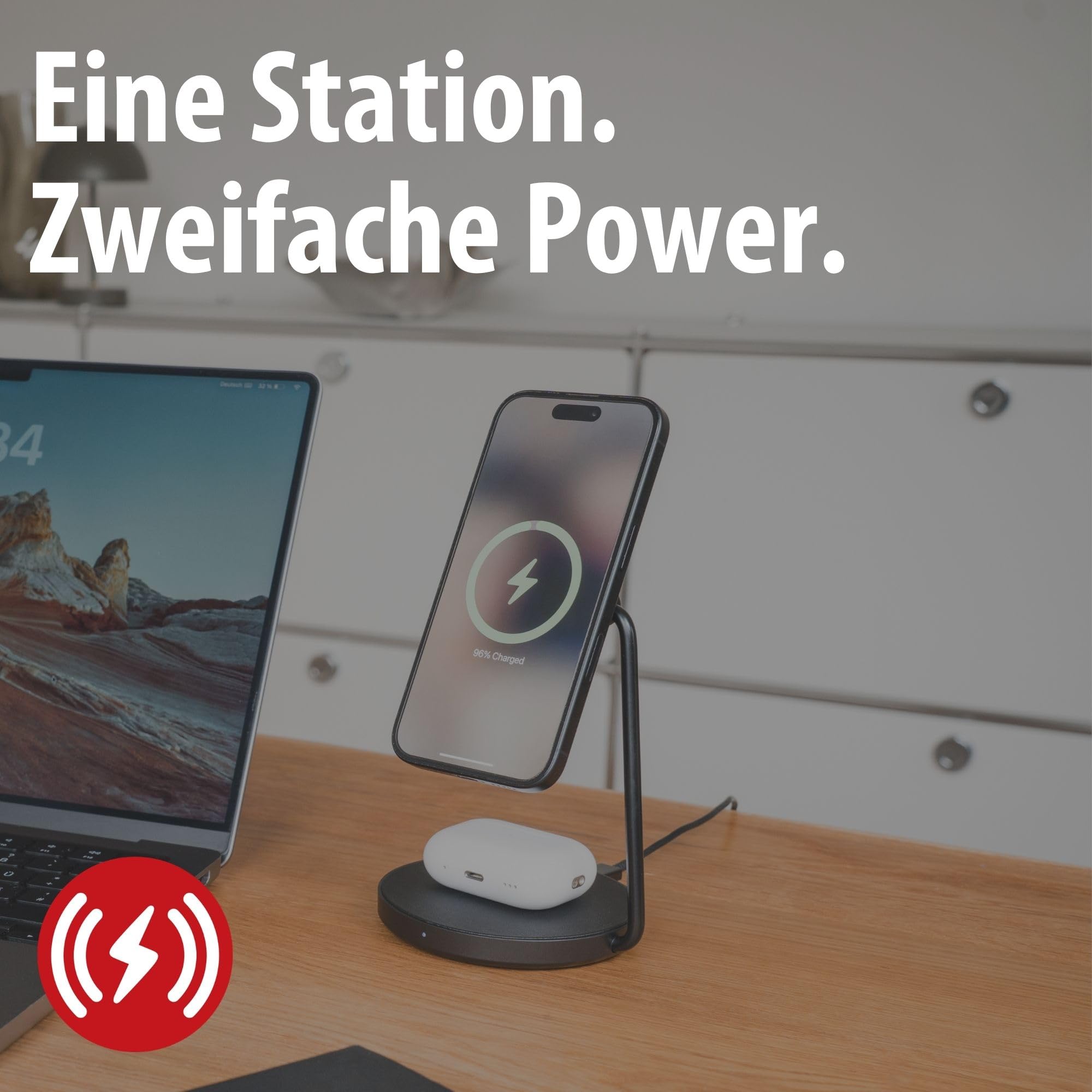 Brennenstuhl 2 in 1 Ladestation (magnetisches Ladepad 15W für Smartphones mit Qi2, Qi2-kompatibel, kompatibel mit MagSafe, 5W Wireless Charger für Kopfhörer)