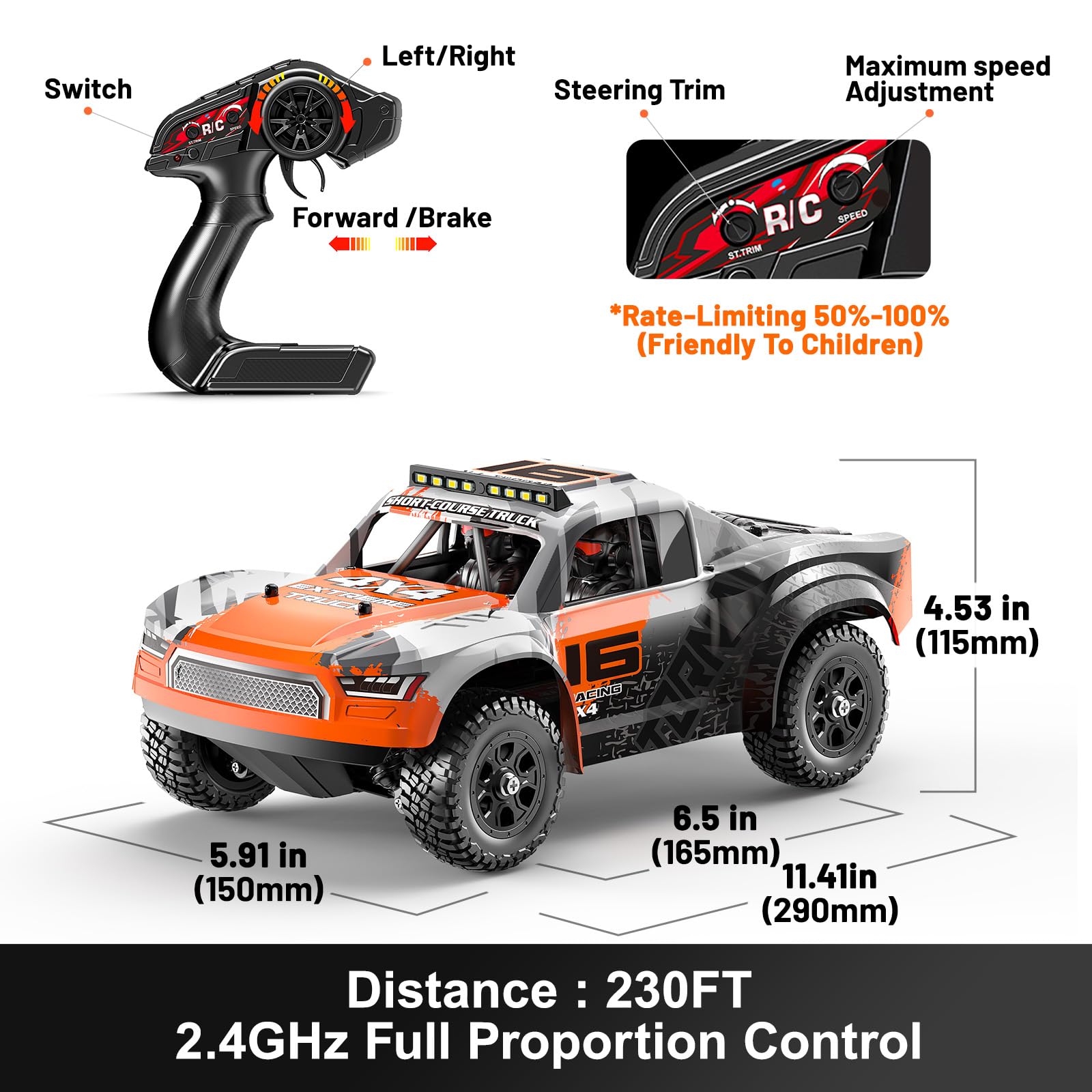 Macchina telecomandata professionale 1:16, RC car 4WD fuoristrada/drift fino a 36 km/h, macchina radiocomandata 4x4 con 2×7,4V 1300mAh batterie, 2 set pneumatici, trasmissione in metallo, adulti e 8+