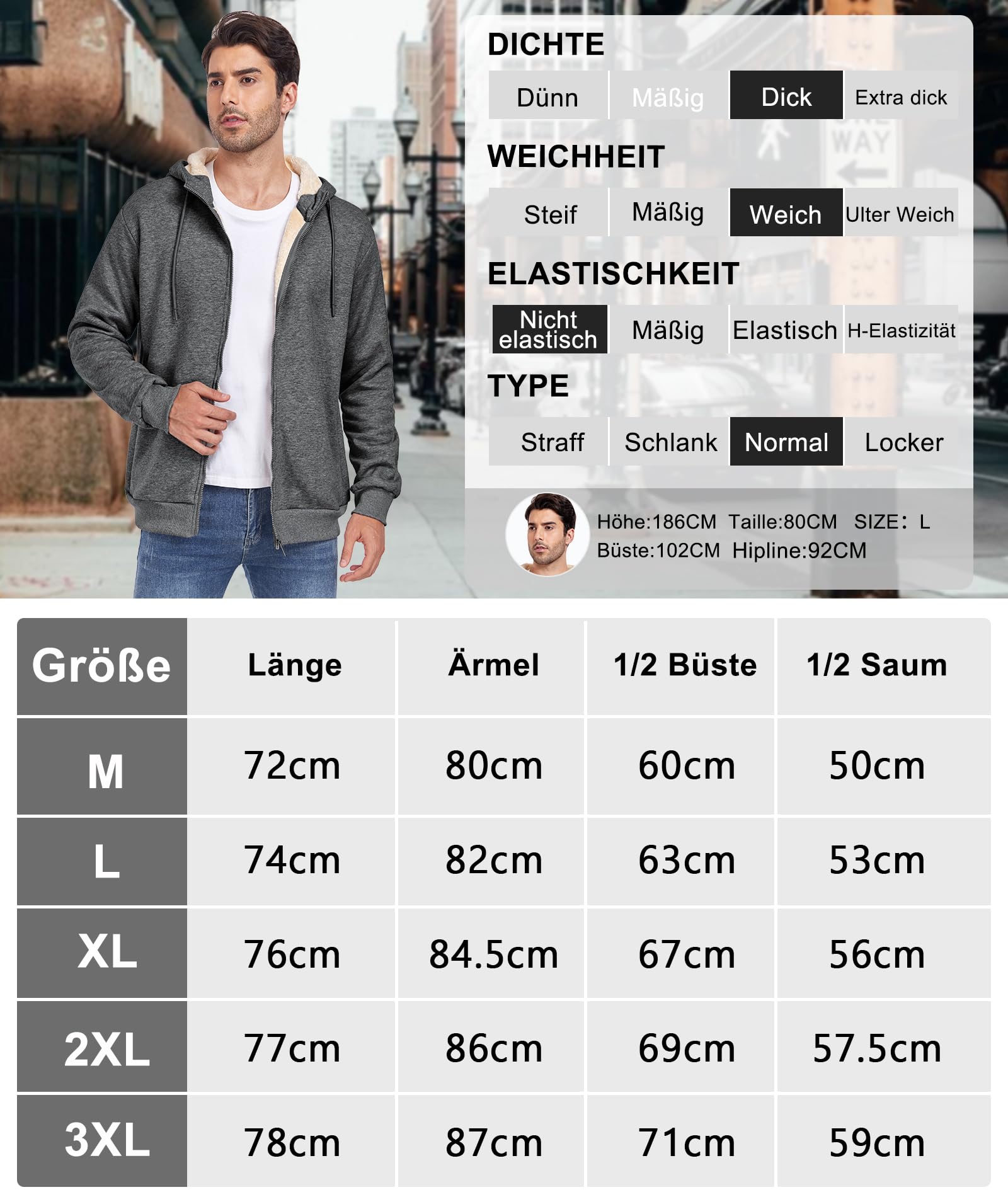 Sudadera Polar Hombre con Capucha Cremallera Hoodie Invierno Vello Caldo Zip Sweatshirt Capucha Hombre Térmica Chaqueta Polar con Bolsillo (Loose Fit)