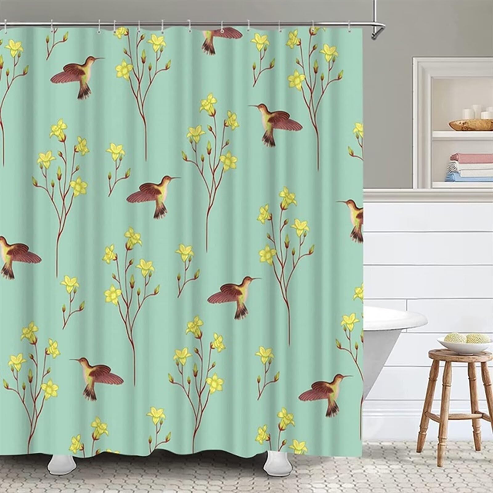 Rideau douche anti moisissure oiseau cyan en tissu imperméable lavable M-1282