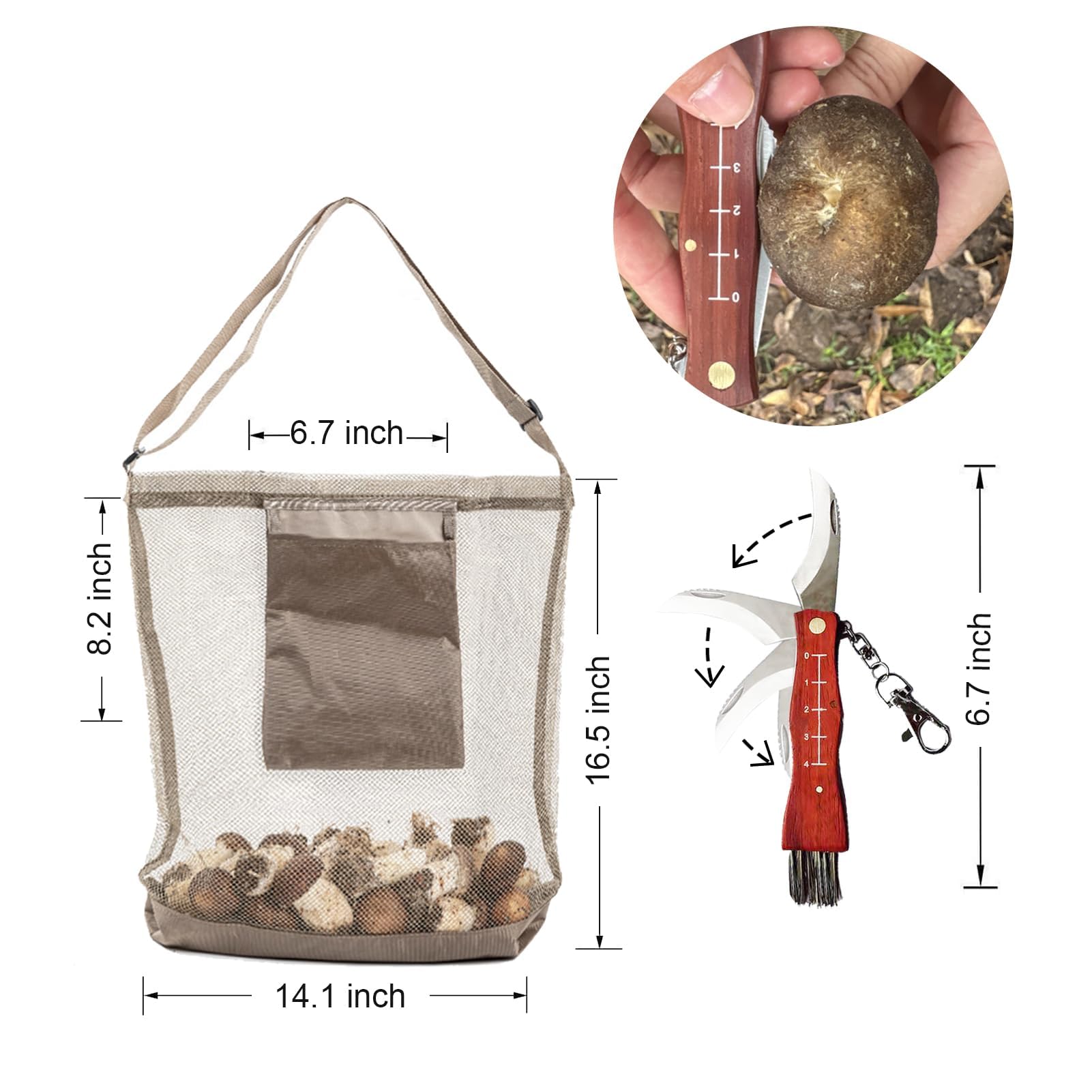 Morel Mushroom Mesh Foraging Bag Kit with Bottom Support, Hunting Harvesting Foraging Tote Bag with Tool, Adjustable Picking Bags, Sacks for Mushroom Decor Lovers 14.1x16.5x3.5 inch