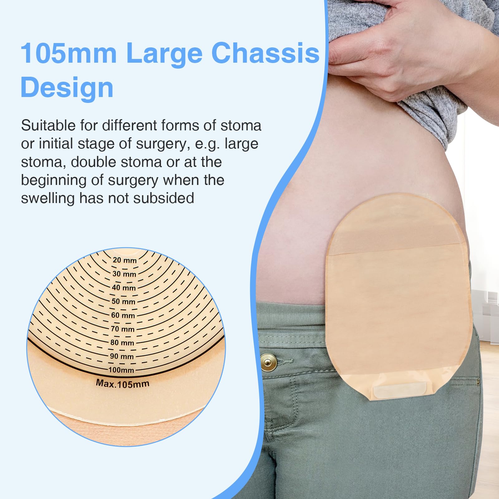 Confezione da 20 sacchetti per colostomia, 105 mm, grandi, per stomia grande e stomia doppia, sacchetti drenabili per stomia e stomia singola, per la cura dello stomia