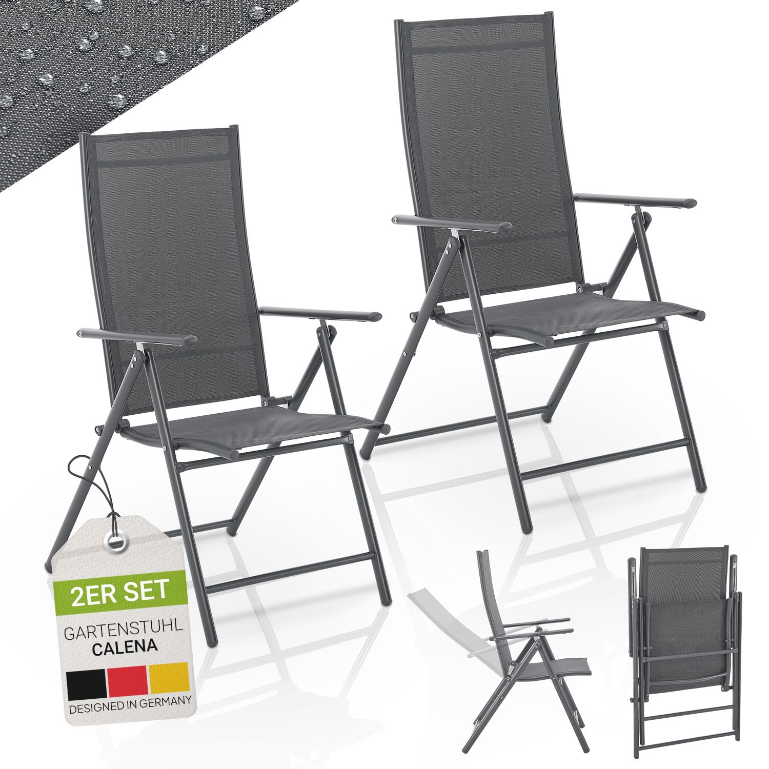 Juskys Gartenstuhl Calena 2er Set Anthrazit - 7-Fach verstellbar & klappbar - pulverbeschichteter Stahl, atmungsaktiv