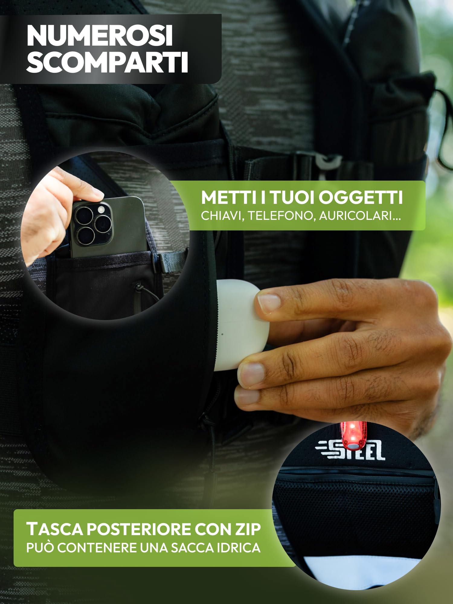 Giubbotto Running Idratante Riflettente LED Recheargeable, Porta Bottiglia d'acqua Regolabile, Gilet leggero, Borraccia Idratante 500 ML per Escursionismo, Trail
