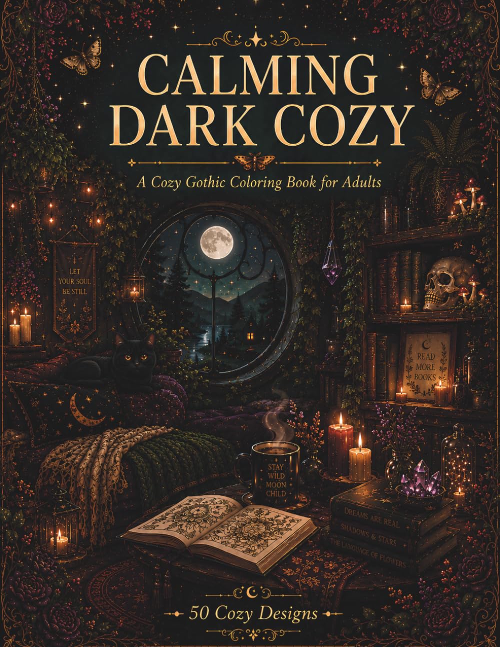 Calming Dark Cozy: A Cozy Witchcore Coloring Book for Adults with 50 Bold Designs of Black Cats, Candlelit Cottages, Apothecary Shelves, and Moonlit ... Stress Relief (Calming Nature Coloring Books)