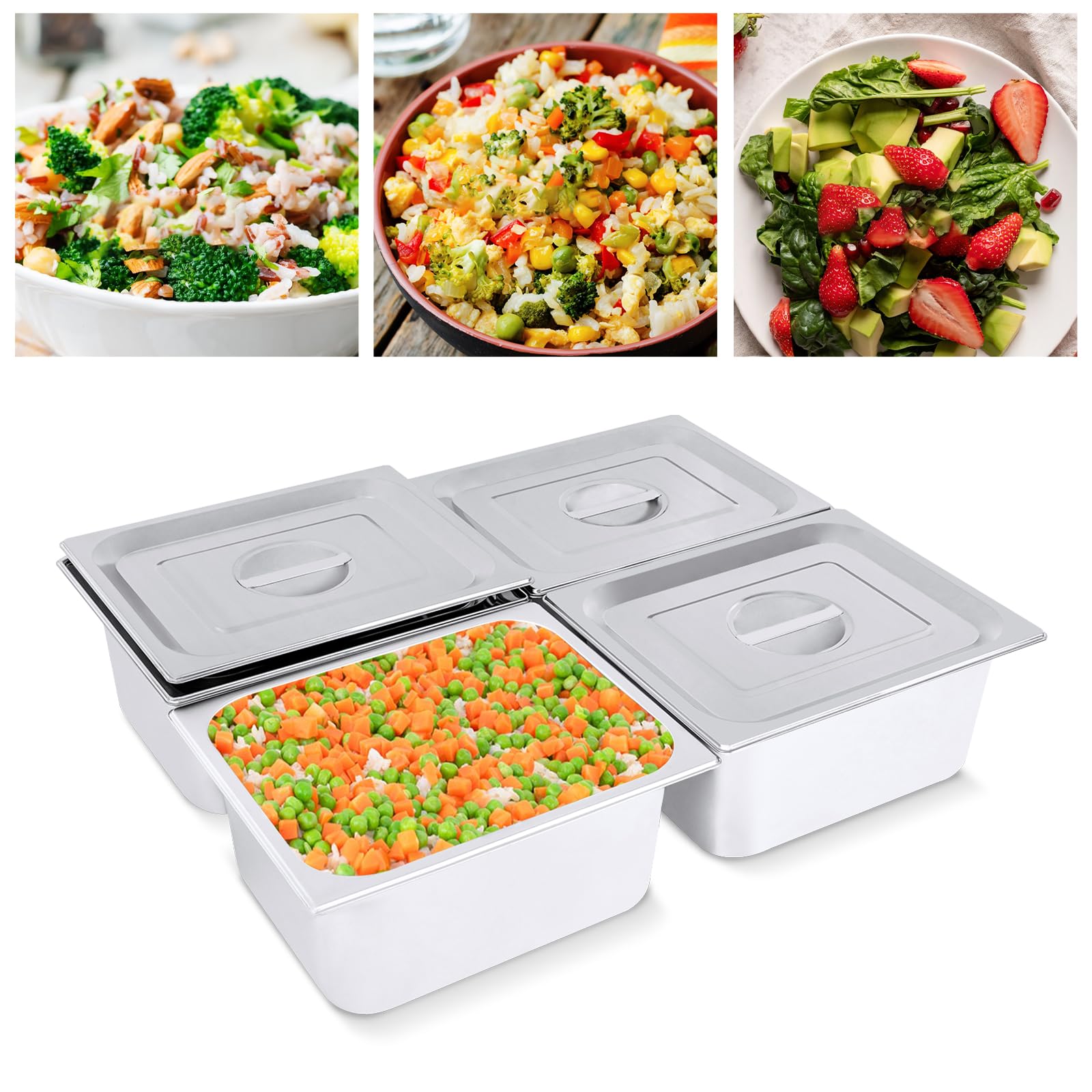 Contenedores de gastrobeLter de acero inoxidable con tapa, contenedor Gn para restaurantes, hoteles, fiestas, gastronorm, juego de 4 piezas, 12,8 x 10,4 x 6 pulgadas