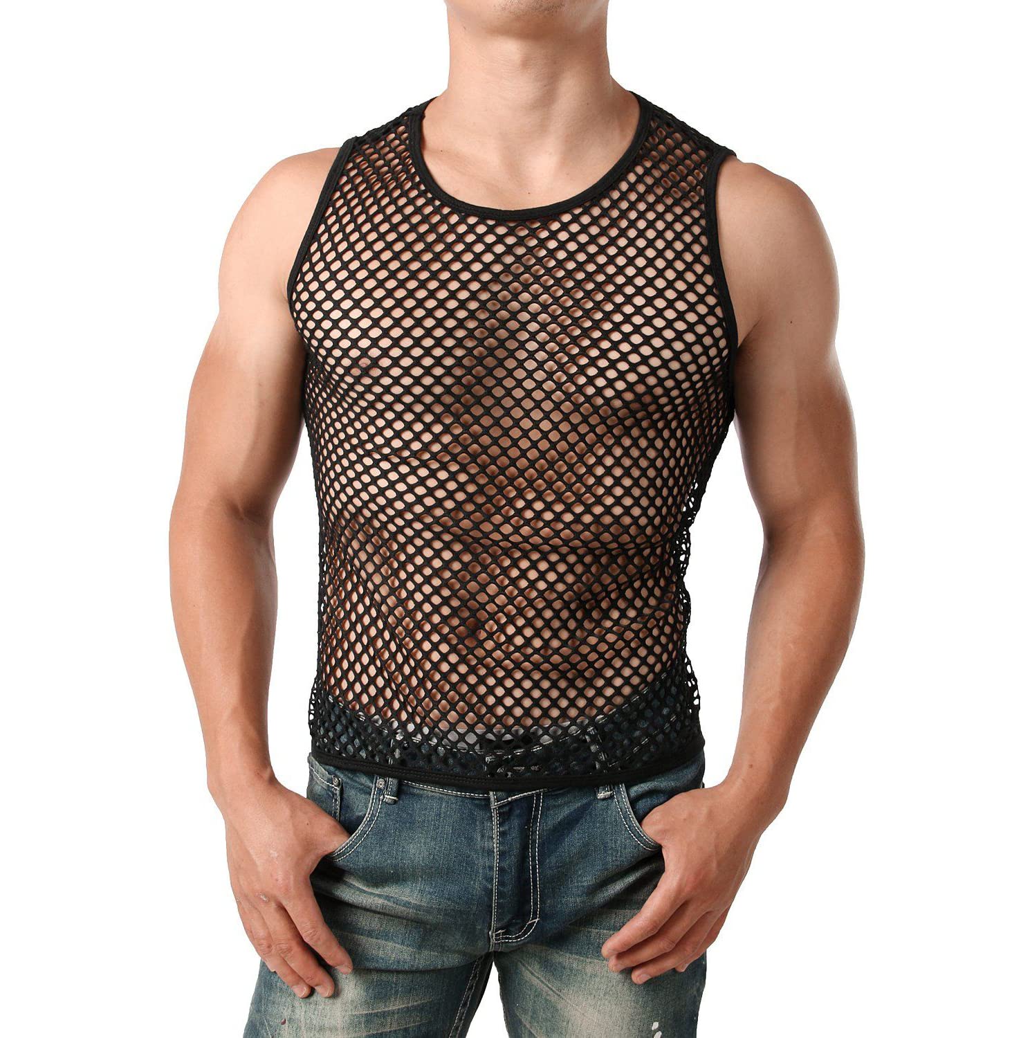 ROSVAJFY Camiseta sin Mangas de Rejilla para Hombres Transparente, Hombre Camiseta de Tirantes Malla Transpirable Sexy, Fishnet Camiseta Interior Tank Top Gym Clubwear Verano Negro