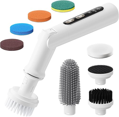 UNIWA Fregador eléctrico giratorio Depurador de ducha inalámbrico con 4 cabezales reemplazables, 3 velocidades para limpiar baño, cocina, platos