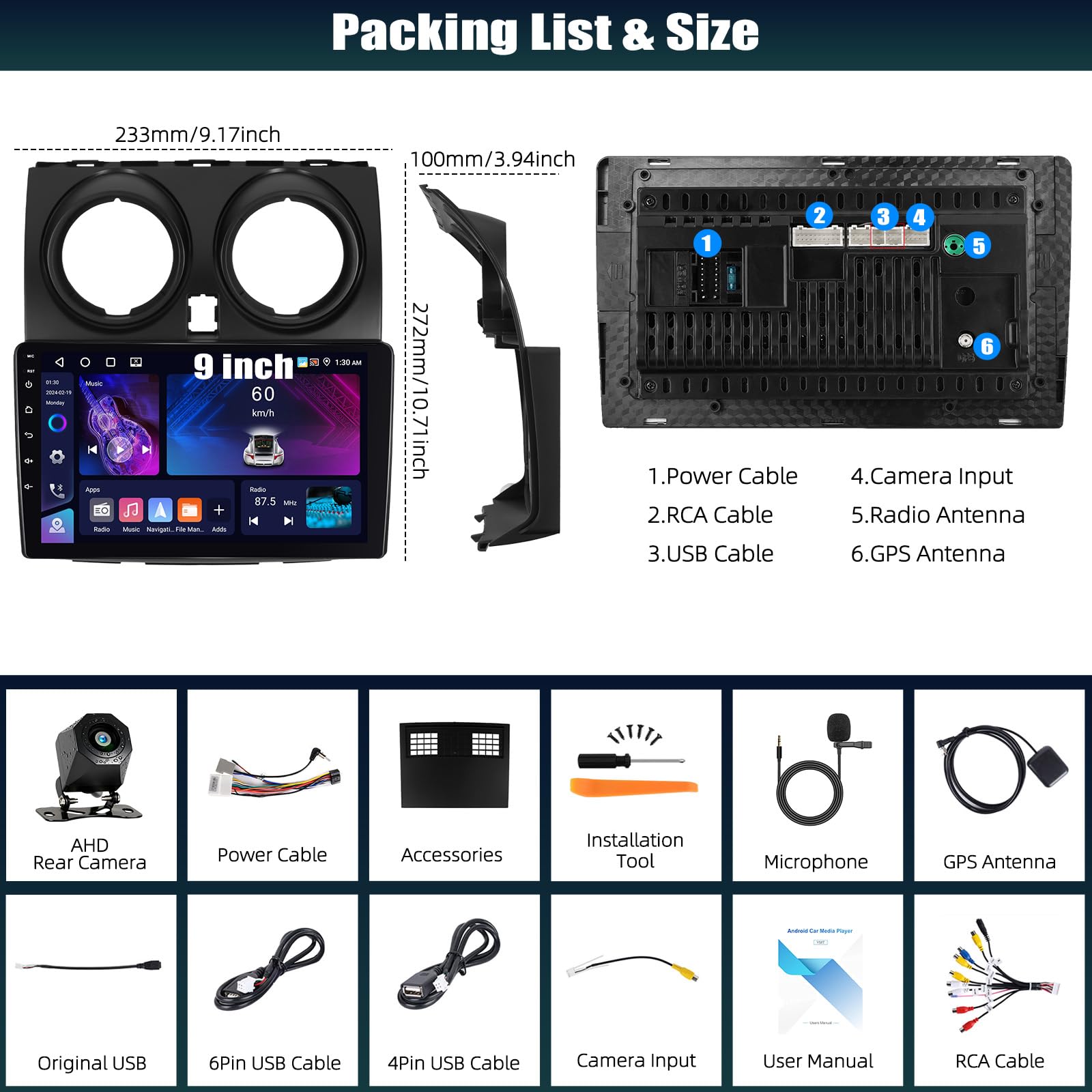 CAMECHO 4+64G Android 15 Autoradio 9 Pulgadas para Nissan Qashqai 2006-2016 con GPS WiFi, Inalámbrico Carplay Bluetoot Navi Radio HD Pantalla con Android Auto FM RDS EQ Espejo Enlace + Cámara Trasera
