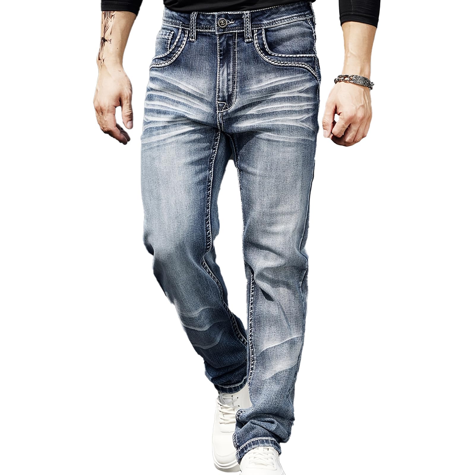 Mens Stretch Denim Jeans Classic Jeans with Embroidered Design ESDVD Street Style Regular Jeans Relaxed Fit Pants Comfy