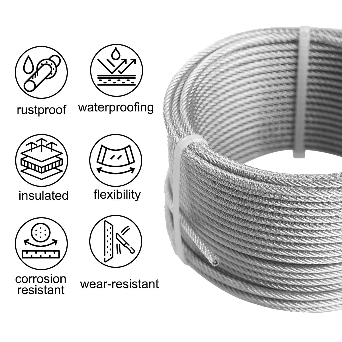 Cavo metallico da 0,3 cm, cavo in acciaio rivestito in PVC da 60 m, con kit tendicavo, 7 x 7 cm, per raddrizzare e sostenere alberi, per appendere luci a corda, linea vestiti, ringhiera per