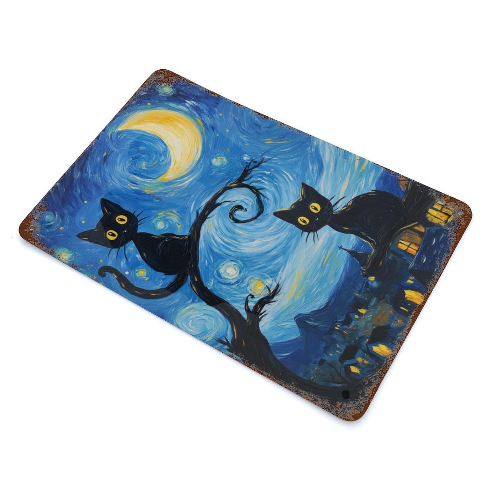 Starry Night Cats 11.8"x7.9" Vintage Metal Tin Sign, Retro Wall Decor for Basement, Hobby Room And Garage Decor