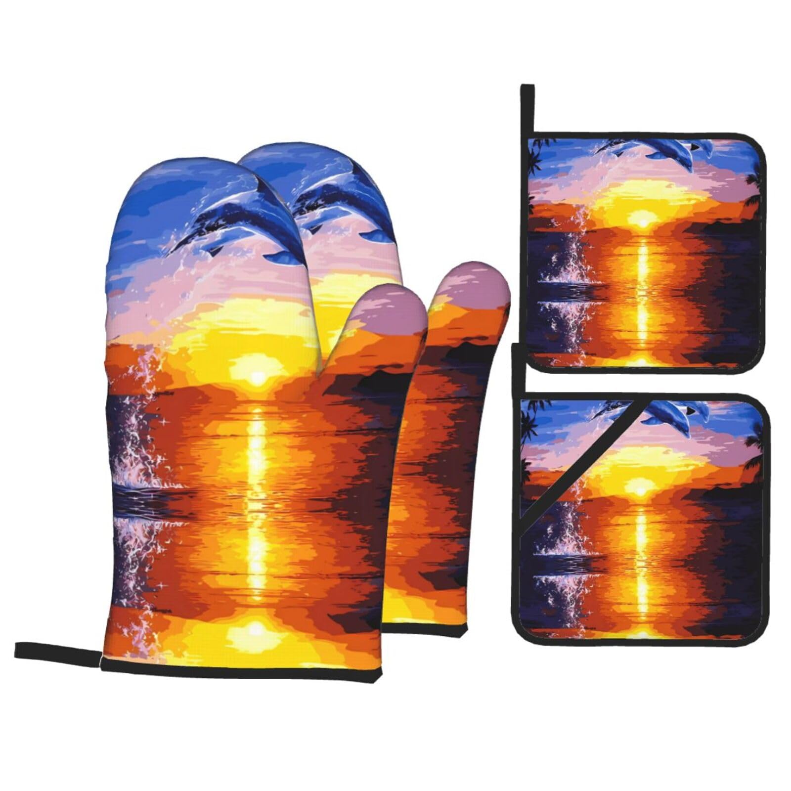 HJFCZH Elegant dolphin Prints Kitchen Throw Set: Durable Oven Layers with Waterproof Polyester – 4 Piece Heat Protection System