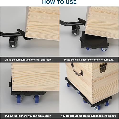 Miniatura 6 de Muevadores de muebles con ruedas, 4 ruedas, plataforma plana pequeña, capacidad de 600 libras, color negro