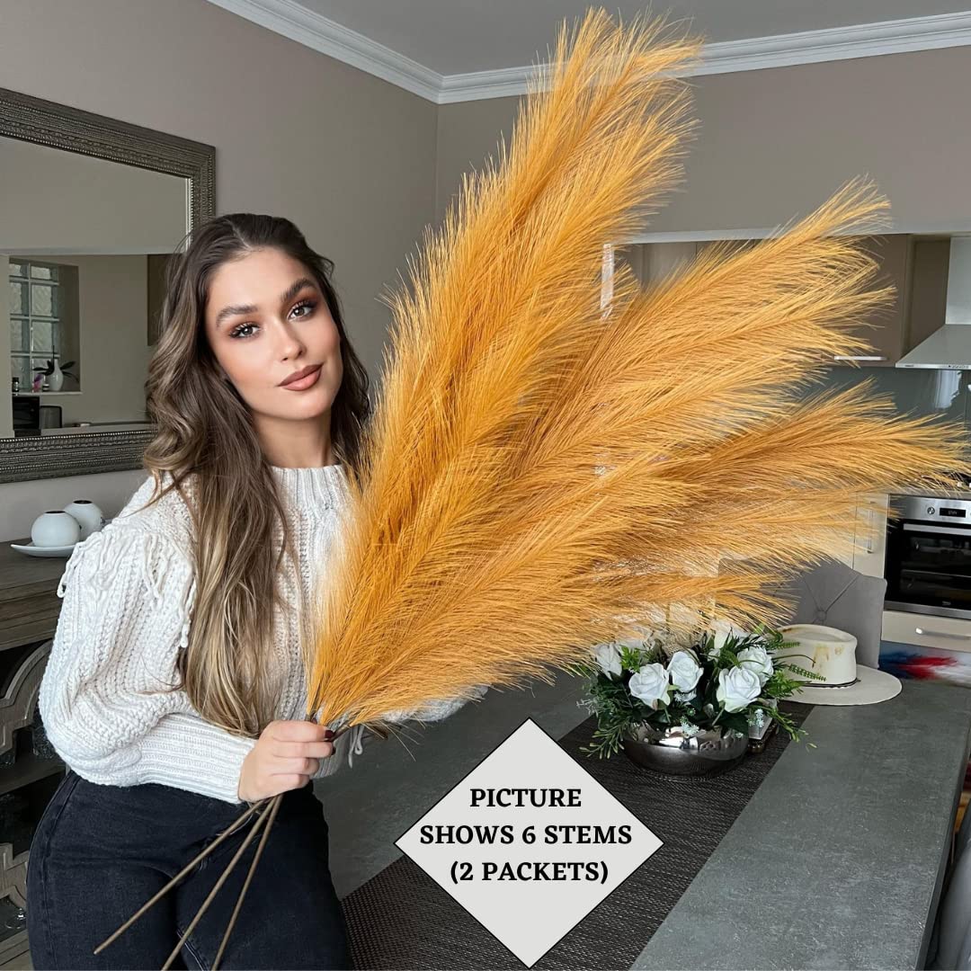 Erba artificiale della pampa artificiale extra large alta arancione grande soffice x3 steli 115 cm x18 piume decorative artificiali flora per vasi da pavimento fiori piante alte erba lunga
