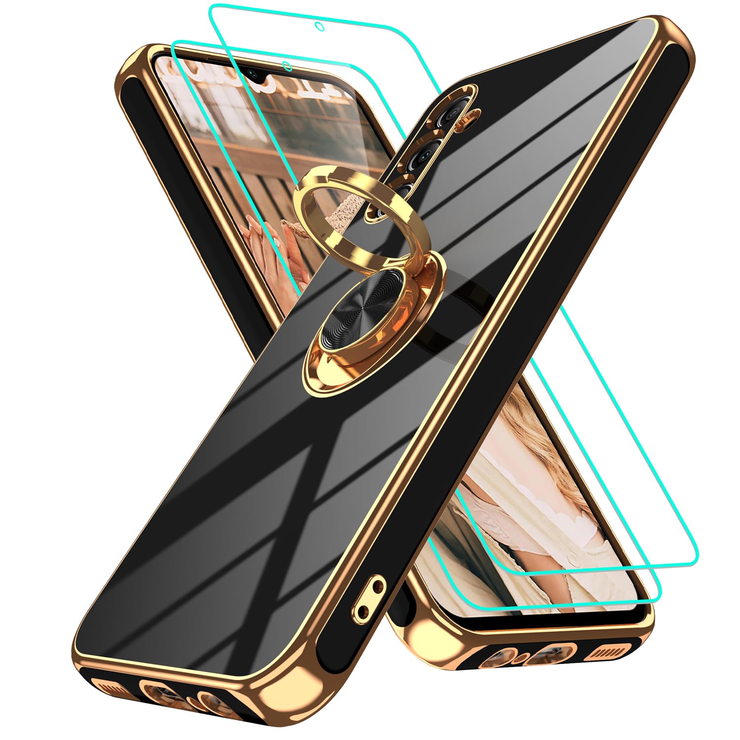 Gritup for Samsung Galaxy A14 5G Case: Samsung A14 Case 2Pcs Screen Protector, 360° Rotation Ring Holder Magnetic Kickstand,Plating Gold Edge Soft TPU