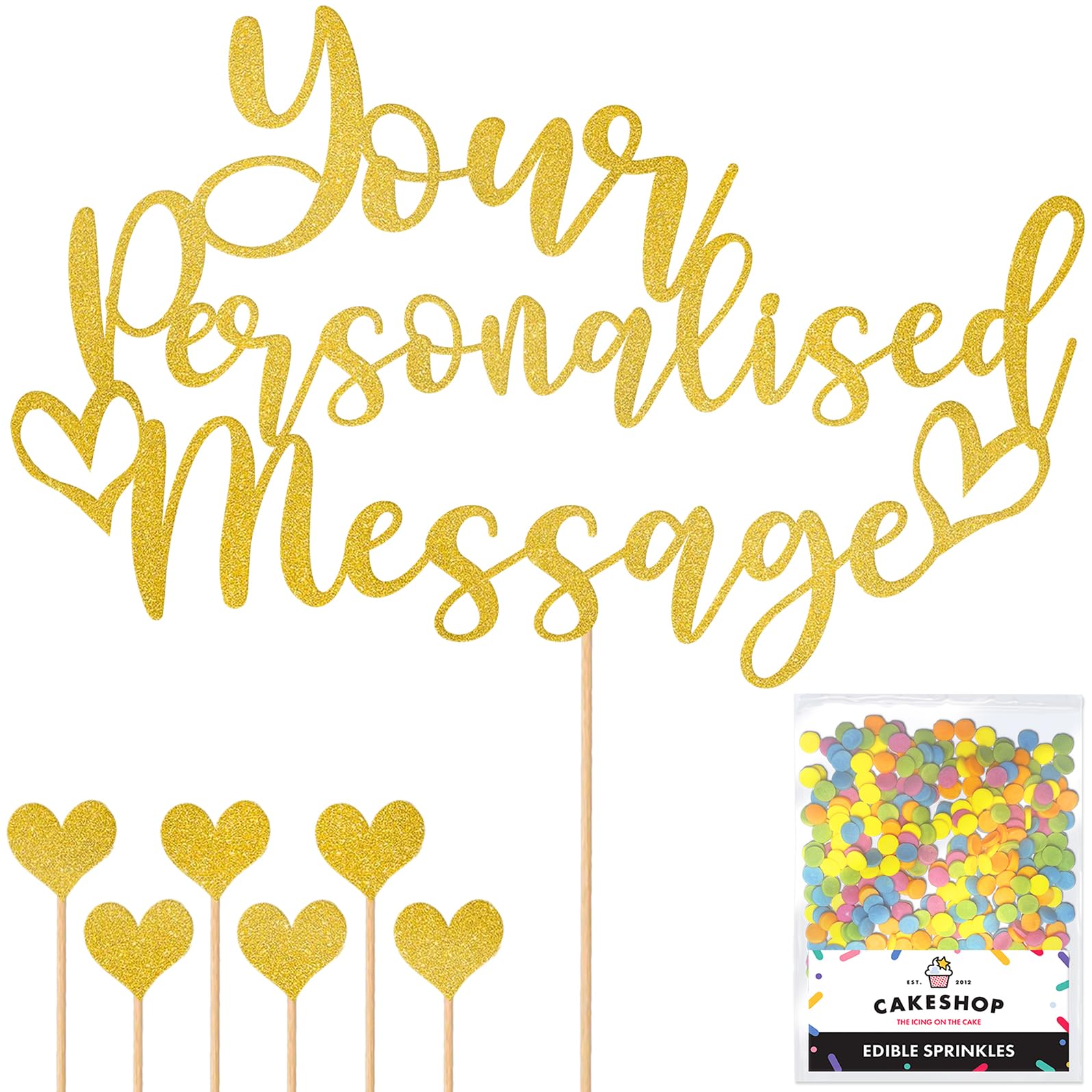 Any Text Personalised Glitter Cake Topper - Gold Name, Age, Words Glitter Cake Decoration and Sprinkles - Happy Birthday Decorations - Personalised Toppers for Cakes by Cakeshop