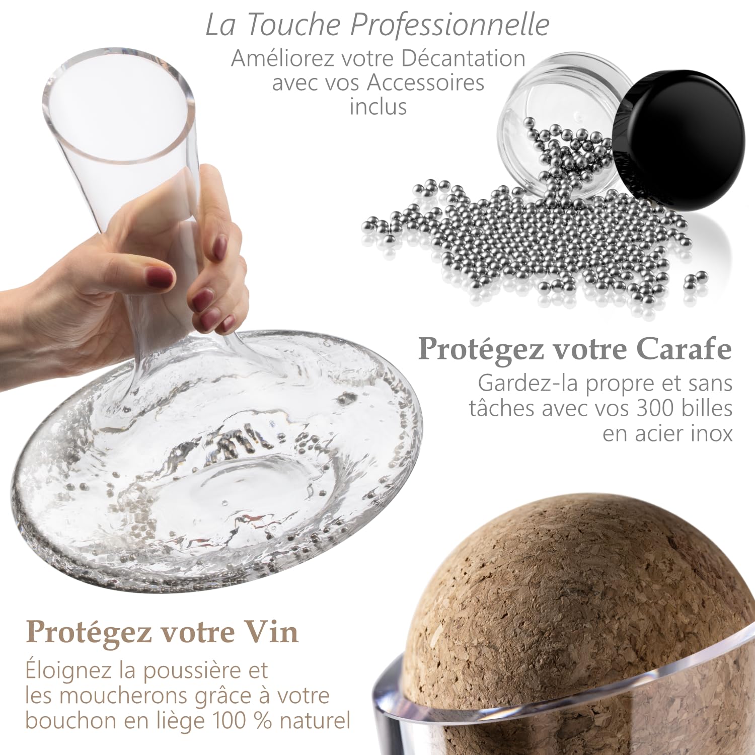 Carafe à Décanter le Vin (+ Bouchon 100% Pure Liège et Billes Nettoyantes) - Décanteur Aérateur pour Vin Rouge et Blanc avec Accessoires
