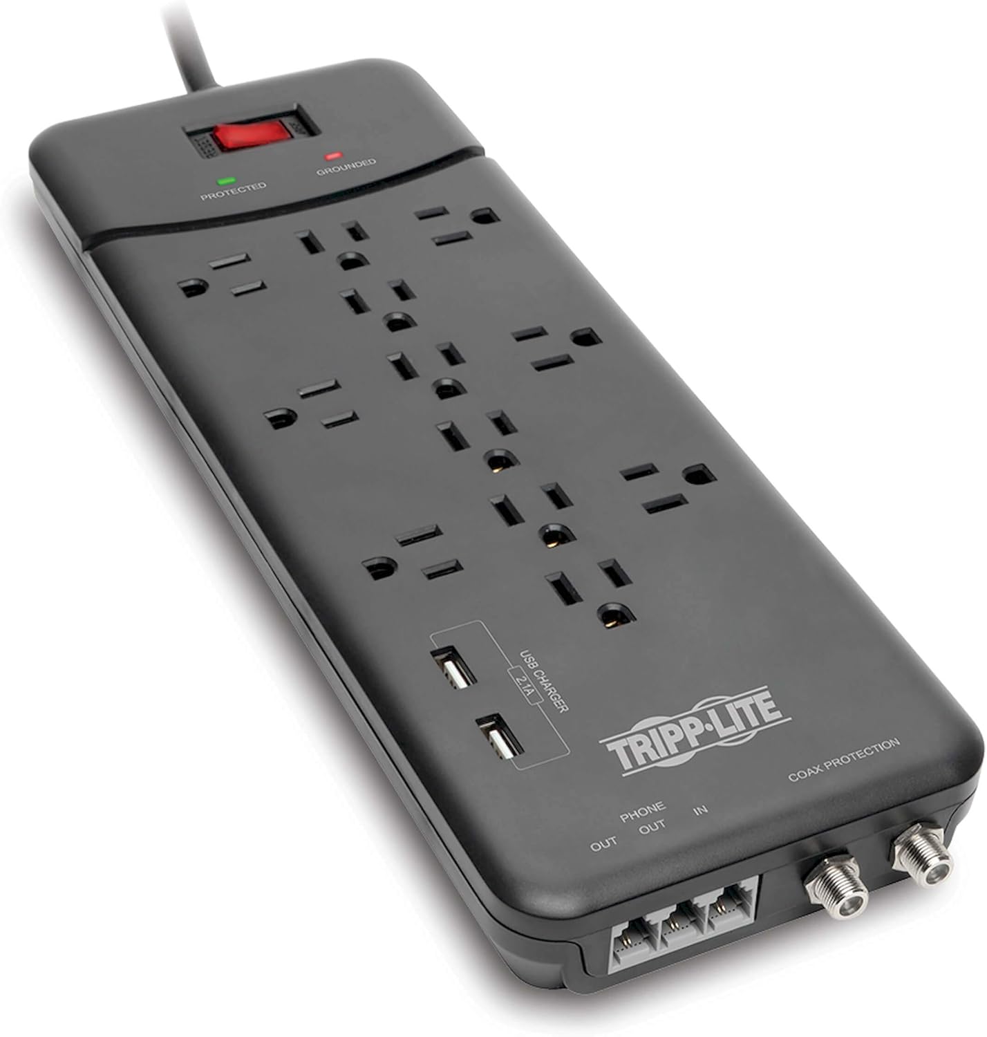 Tripp Lite TLP128TTUSBB 12 Outlet Surge Protector Power Strip, 2 USB Charging Ports, Tel/Modem/Coax Protection, 8ft Cord Right Angle Plug, Black, Lifetime Insurance & 0K Insurance Tripp Lite TLP128TTUSBB 12 Outlet Surge Protector Power Strip, 2 USB Charging Ports, Tel/Modem/Coax Protection, 8ft Cord Right Angle Plug, Black, Lifetime Insurance & 0K Insurance