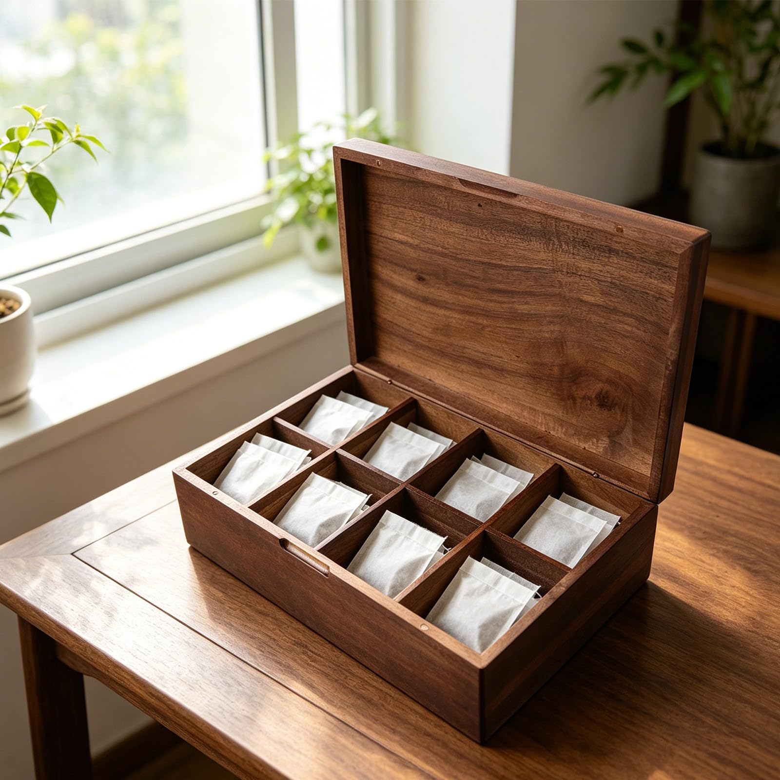 HOMSFOU Holz Teebeutel Aufbewahrungsbox mit 8 Fächern Rechteckiges Design Platzsparend und Schnell Zugänglich für Zuhause und Kaffee Station im Vintage Stil Wiederverwendbar