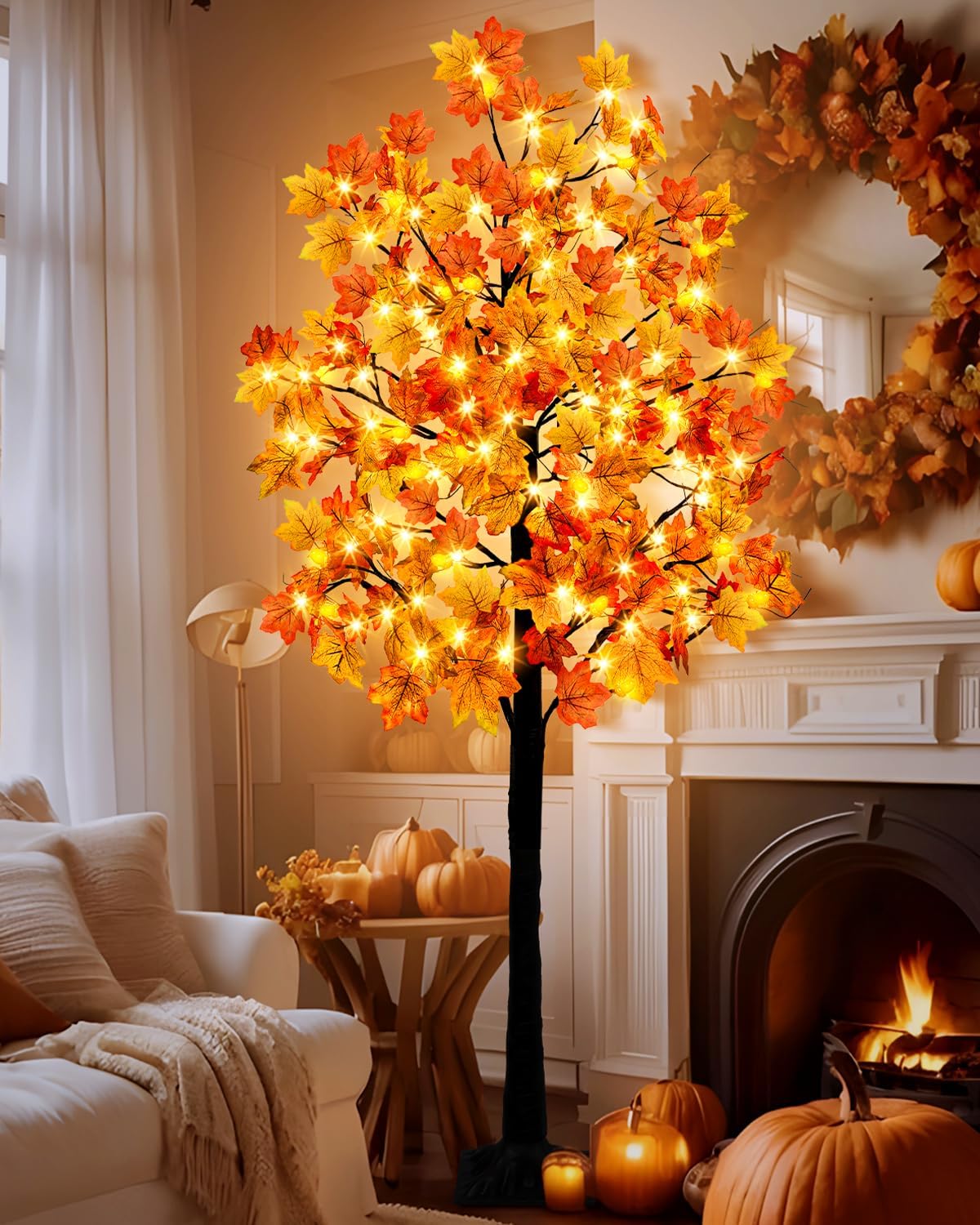 Agusbagli 7FT 128LED Lighted Fall Maple Tree Thanksgiving Decorations with Timer 8 Modes Dimmable Artificial Fall Light Up Tree with 256 Leaves 32 Acorns for Harvest Indoor Outdoor Fall Decor Maple Tree 7ft