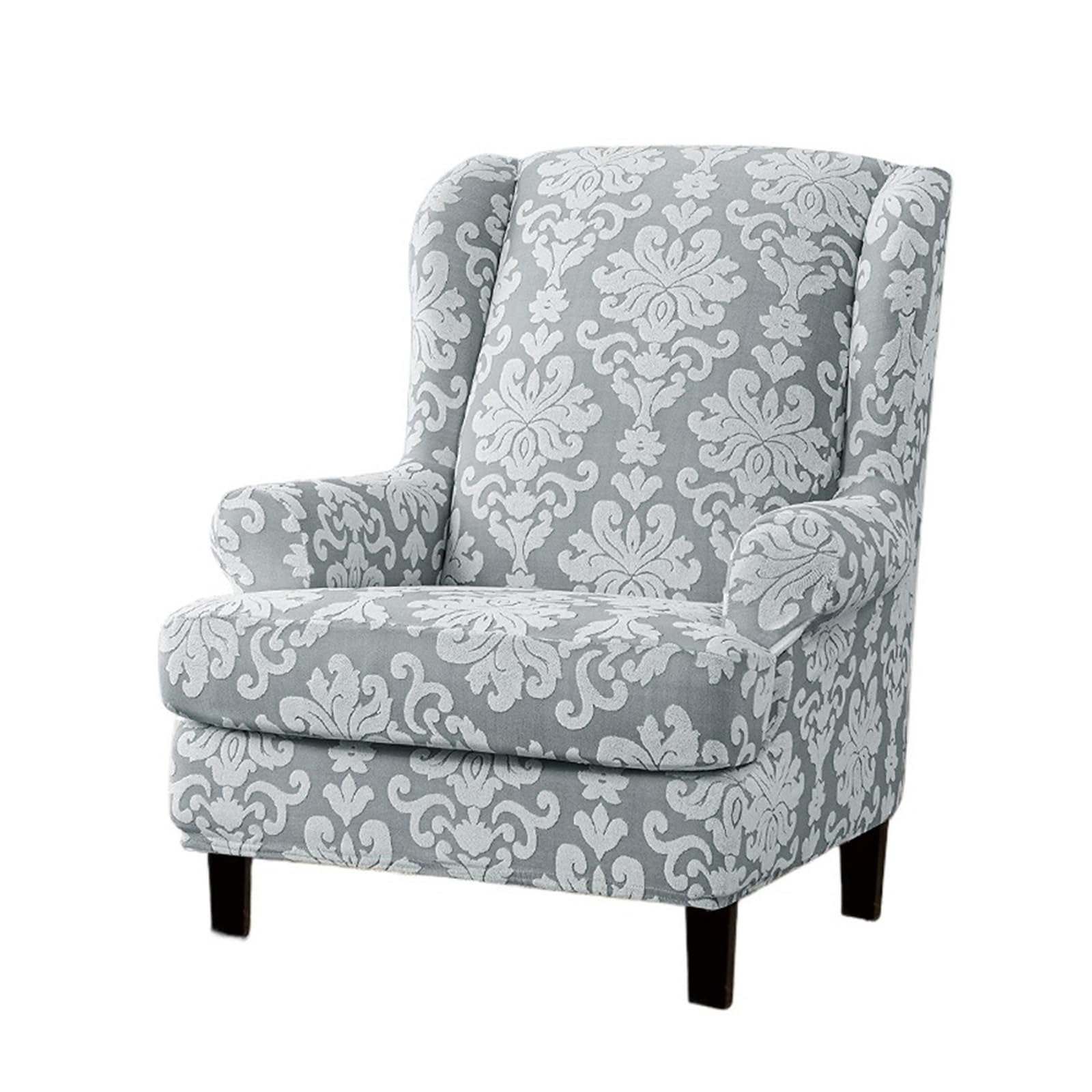 GCYEIDMA Wing Chair Slipcover Thicken Jacquard Floral Wing Back Chair Cover Stretch Sofa Armchair Slipcover Wingback Lounge Cushion(Light Gray)