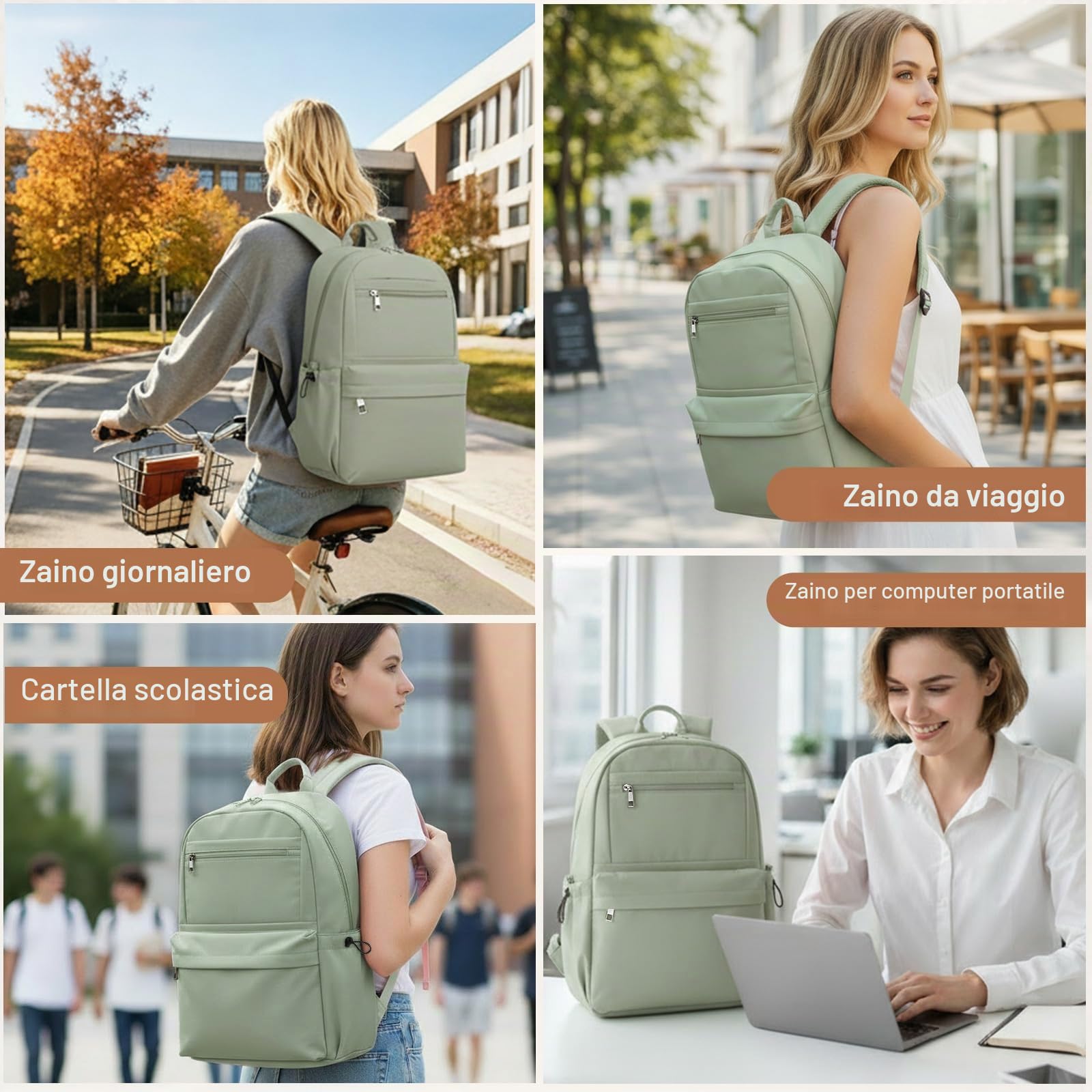 KONO Zaino Donna Porta PC 15,6 Pollici Leggero Impermeabile, Zaino Scuola e Università, Casual da Viaggio e Lavoro - Verde