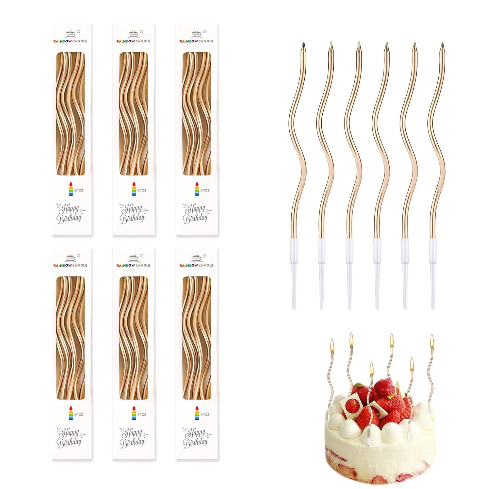 36 Pack Birthday Candles for Cakes, Champagne Gold Spiral Candles with Holders, Twisty Metallic Candles for Cakes Cupcakes, Elegant Candle Toppers for Birthday Wedding Anniversary Party Decor