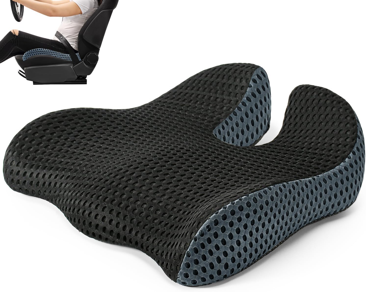 Car Seat Cushion, Broader Visibility with Wedge Design & Coccyx Sciatica Pain Relief with Ergonomic Design, Non-Slip Base,Breathable Mesh Cover, Memory Foam for Long Drive in Car Truck Van Motorhome