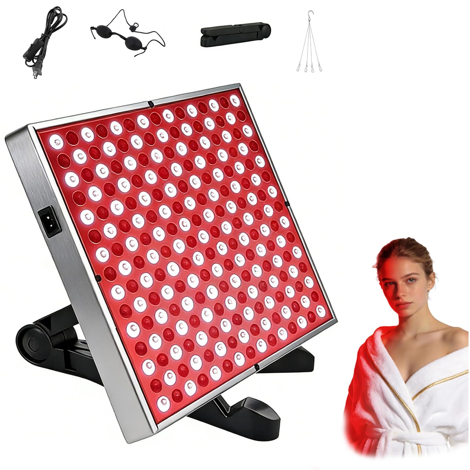 Lámpara de luz roja, 660 nm y 850 nm, 250 LED, gancho + gafas de protección + soporte de mesa, panel de aluminio, sin generación de calor, para cuidado de la piel y alivio de la tensión