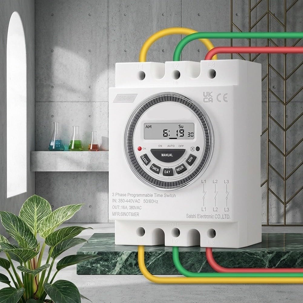 TM619-380V Interruptor Temporizador Programable Trifásico, Controlador de Tiempo Digital de 7 Días, 16A 380VAC, Retroiluminado LCD 18 Modos de Programa